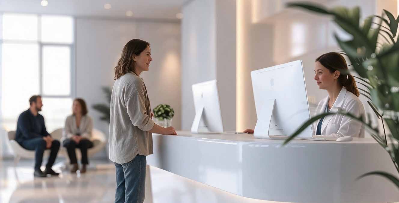 Paciente conversando con la recepcionista en una clínica moderna